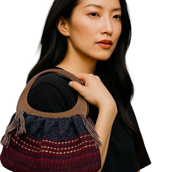 Vintage Adrienne S. Loupos Spintster & Weaver textile hand loomed handbag fringe - Picture 2 of 9